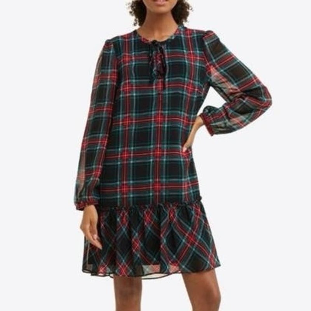 Draper James Tartan Georgia Plaid Rosanne Long Sleeve Flounce Shift Dress - M